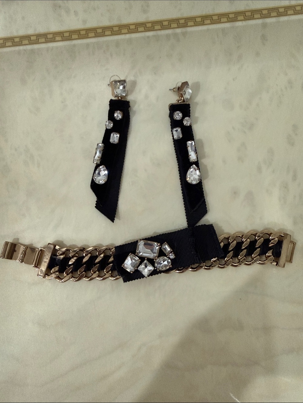 Black Ribbon Crystal Drop Earrings & Chain Bracelet Set - velvet with Crystals